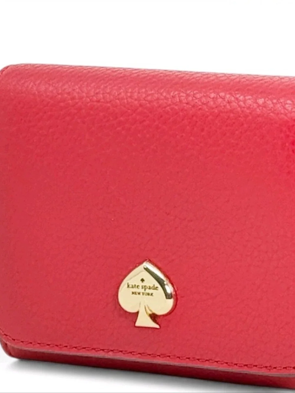 kate spade red pebbled leather trifold wallet with gold spade logo